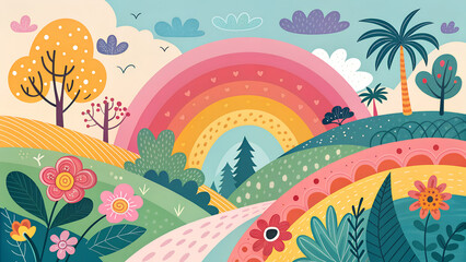 Whimsical Colorful Rainbow Path Through Tropical Hills, Flowers, Trees, and Clouds Illustration