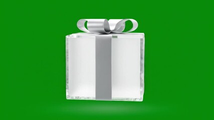 Rotating Crystal Gift Box with Silver Bow, 3D Animation on Green Screen