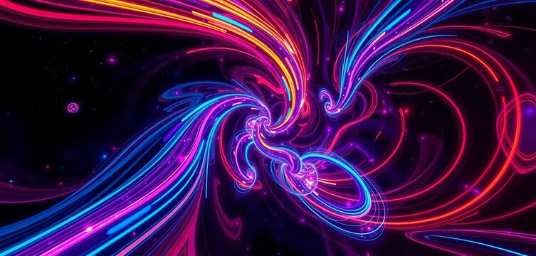 Hypnotic swirling neon fractal shapes in deep space , complex, shimmering