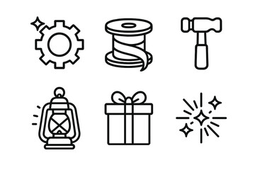 Festive Crafting Icons. Holiday Workshop linear icon set : shimmering gear, ribbon spool, toy hammer, glowing lantern, wrapped gift, sparkle burst