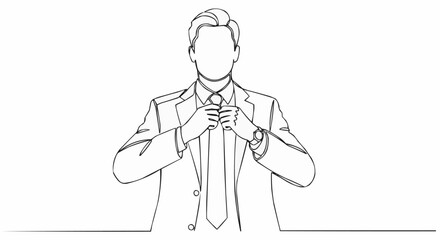 Continuous line drawing of a businessman adjusting his necktie.