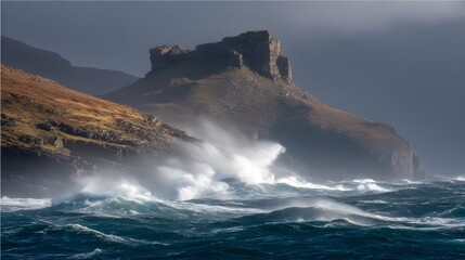 Dramatic coastal landscape with crashing waves and rugged cliffs under a stormy sky