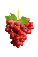 Ruby Red Grapes: a cluster of plump, ruby-red grapes with vibrant green leaves, the juicy freshness and natural sweetness
