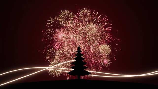 5-second animation, simple elegant firework explosion behind silhouette of Christmas tree, smooth light trails, clean festive modern graphics, dark background