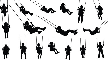 A large collection of happy children silhouettes actively playing on swings, demonstrating various positions from sitting still to soaring high, representing 