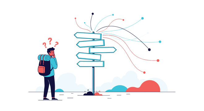 Confused traveler with a backpack looks at a signpost with many blank arrows representing difficult choices and decisions.