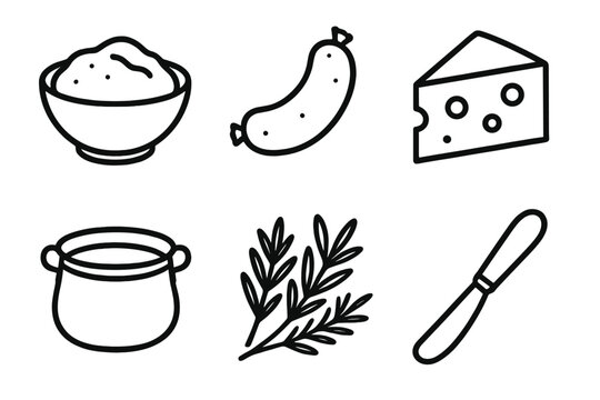 Alpine Cuisine Icons. Alpine Italian Comforts linear icon set. polenta bowl, sausage link, cheese block, copper pot, herbs, butter knife