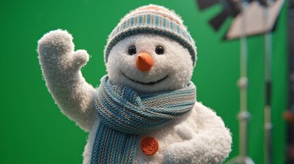 A cheerful snowman with a striped hat and scarf waves hello on a vibrant green screen background, perfect for holiday designs