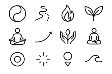 Holistic Wellness Icons. Holistic Academic Wellness Collection linear icon set: harmony circle, learning path, wellness flame, growth leaf, mindful pose, uplifting curve