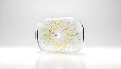 Elegant glass clock with floating golden glitter on white background