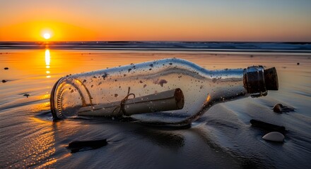 A message in a bottle, washed ashore on a deserted beach at sunset. The glass bottle is old and slightly foggy, containing a rolled-up parchment. A weathered cork is firmly sealed in the neck. The sce