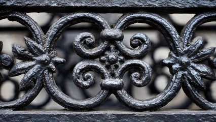 Close-up of an ornate black cast iron fence featuring intricate floral and scroll decorative patterns, showcasing vintage craftsmanship and weathered texture.
