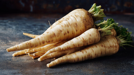 fresh parsnips with pale cream skin, earthy tips, soft shadowing, clean rustic food photography composition.