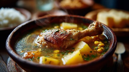 Warm steaming chicken soup with corn, potatoes, and herbs in a rustic wooden bowl for cozy comfort food vibes.