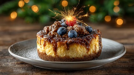 Sparkler-topped birthday dessert with soft glowing lights and celebratory confetti on a vibrant party table.