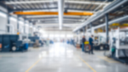 Blurred view of a large industrial factory interior with workers and machinery