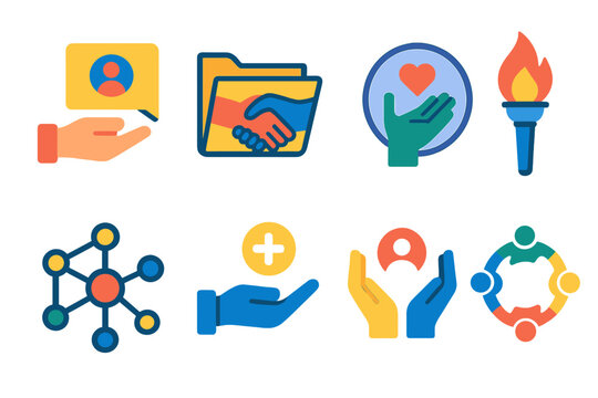 Collective Assistance Icons. Collective Assistance flat icon set: outreach card, shared folder, help icon, steady torch, connection web, aid symbol, supportive hand, community ring