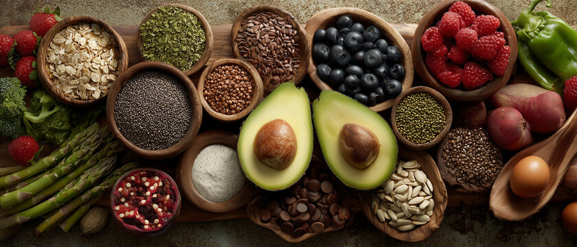 Assortment of healthy superfoods and fresh produce arranged artfully on a rustic surface