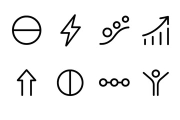 Dynamic Icon Collection. Active Lifestyle Planning Concepts linear icon set: balance circle, energy spark, wellness curve, growth arc, motivation arrow, alignment ring, consistency