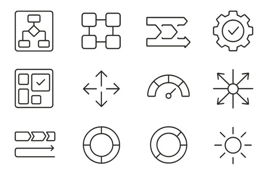 Operational Diagram Icons. Operational Systems Design Collection linear icon set: ops diagram, linked modules, process lane, flow curve, optimization icon, task board, system