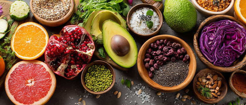 Vibrant assortment of fresh fruits vegetables and grains arranged artistically