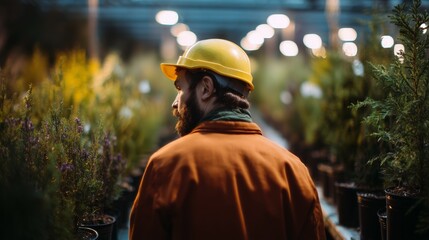 Man wearing a hard hat inspects plants in a brightly lit industrial nursery, emphasizing horticultural work environment and safety.