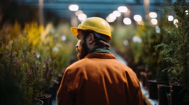 Man wearing a hard hat inspects plants in a brightly lit industrial nursery, emphasizing horticultural work environment and safety.