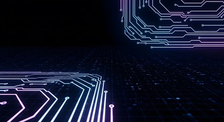 Abstract digital circuit lines glowing, technology data network concept.