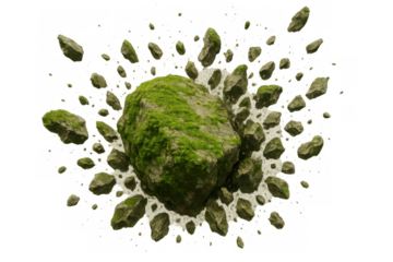 Mossy rock exploding into small fragments, natural elements dispersing, ground breaking apart on transparent background
