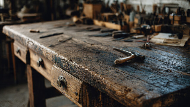 A weathered, dark wooden workbench, likely antique, showcasing a well-used surface with a hammer and other tools, evoking craftsmanship and an old-world workshop.