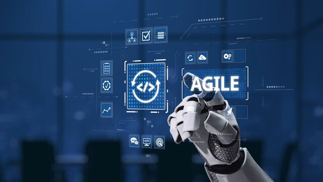 A robotic hand engages with a digital interface emphasizing agile development in a sleek office. This image represents innovation and technology in modern business practices. Synapse