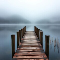 Obraz premium A weathered wooden dock leading into a misty morning lake, atmospheric and quiet, wood, landscape