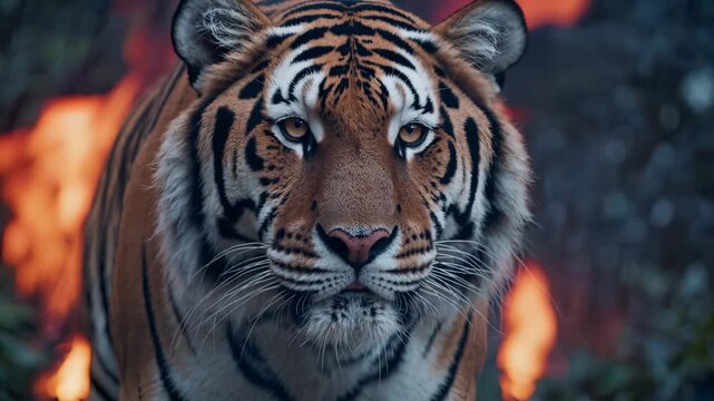 A tiger predator, wild tiger, bigcat predator, predator with glowing eyes, deep stripes, shimmering fur, blazing fire, wild animal presence, teeth sharp, fangs sharp, pure wild force.