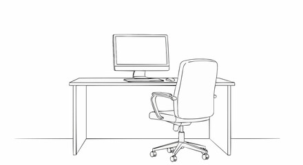 Empty office desk with computer monitor and ergonomic chair.