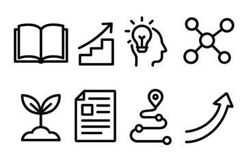 Knowledge Expansion Icons. Knowledge Growth Pathways linear icon set: open book, rising arrow, learning steps, insight spark, concept nodes, growth leaf, study sheet, progress path
