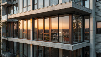 Modern architectural building with large windows reflecting the sunset
