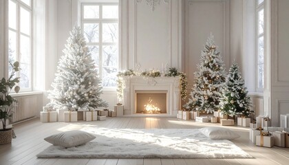 Elegant white Christmas room with silver trees and fireplace.