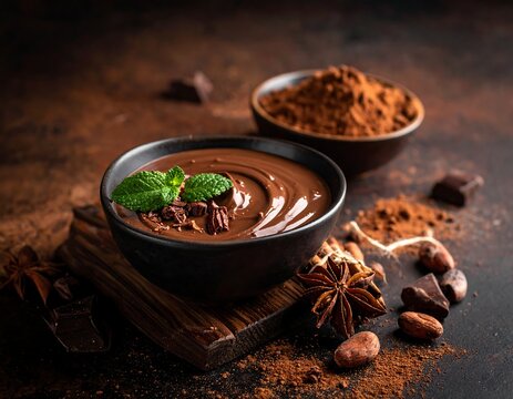Chocolate pudding with ingredients on dark brown background