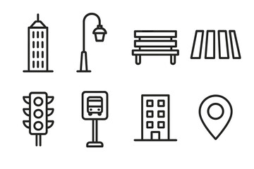Urban Icons Collection. Urban elements linear icon set: skyscraper, street lamp, bench, crosswalk, traffic light, bus stop sign, apartment block, city map pin