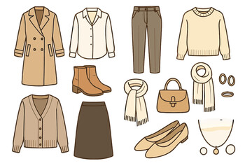 Neutral Wardrobe Icons. Neutral Wardrobe Palette linear icon set: beige coat, white blouse, gray trousers, cream sweater, tan boots, black skirt, ivory scarf, camel handbag, stone