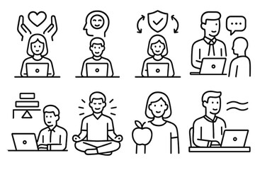 Workplace Emotional Stability Icons. Emotional stability at work themes linear icon set: supportive workplace, emotional clarity, stress resilience, healthy communication, balanced