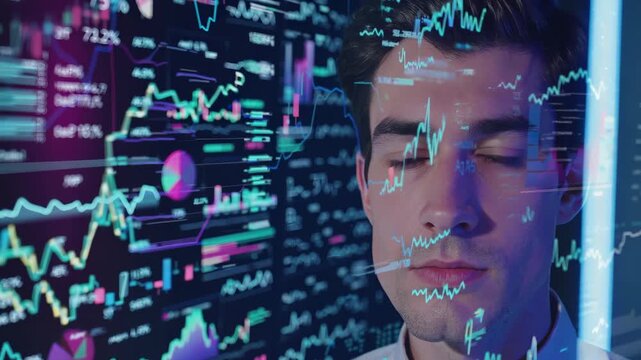 A programmer looks through data screen. Cyber code cyber data cyber graphics move. developer works technology, with data, with cyber networks. The screen is full of data, security, and digital code.