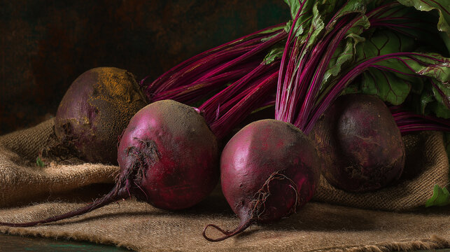 whole beetroots with vibrant purple color, earthy surface, attached greens, soft side lighting - Powered by Adobe