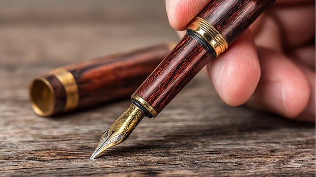 Close-up of a hand holding an elegant fountain pen over a rustic wooden surface, showcasing fine craftsmanship