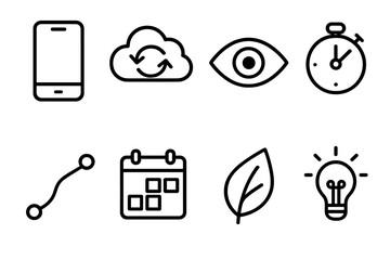 Digital Harmony Icons. Remote Rhythm linear icon set: mobile device, cloud sync, focused eye, gentle timer, smooth workflow line, planner page, calming leaf, idea spark