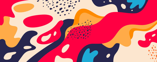 Vibrant abstract background with organic fluid shapes and playful dot patterns, perfect for modern graphic design, banners, or creative presentations