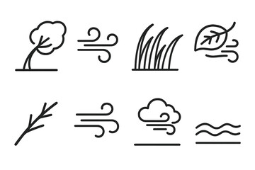 Dynamic Nature Icons. Nature motion concept linear icon set: leaning tree, wind waves, grass movement, fluttering leaf, branch, air current, cloud, ground