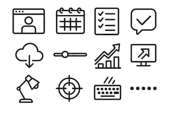 Remote Work Essentials. Remote Work Flow linear icon set: video call window, shared calendar, to-do list, messaging bubble, cloud storage icon, timeline bar, productivity arrow - Powered by Adobe