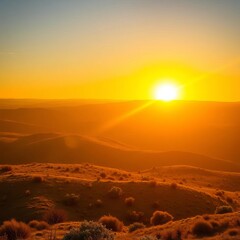 Golden sunlight bathes a serene landscape, casting long shadows across the terrain,  landscape,  beams