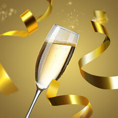 Elegant champagne glass with golden ribbons and sparkling bubbles